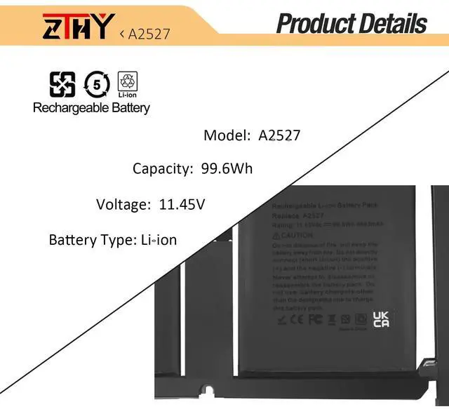 Alt view image 3 of 5 - ZTHY A2527 Laptop Battery Replacement for MacBook Pro 16-inch A2485 (Late 2021) EMC 3651 MK183LL/A MK193LL/A MK1A3LL/A MK1E3LL/A MK1F3LL/A MK1H3LL/A Series 11.45V 99.6Wh