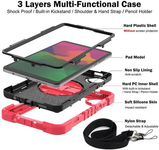 Alt view image 3 of 5 - YOUULAR Tablet Case for Xiaomi Redmi Pad SE 8.7/Redmi Pad SE 4G in India, Tablet Shockproof Cover with 360deg Rotating Stand and Wrist Strap, Shoulder Strap, Large Red+Black