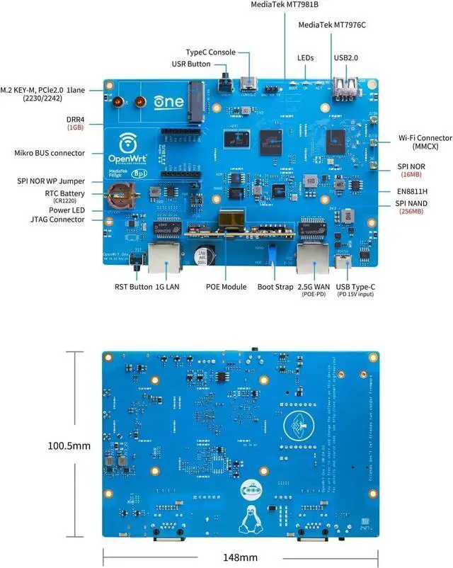 Alt view image 5 of 5 - youyeetoo Banana Pi OpenWrt One - WiFi 6 Official OpenWrt Router Mainline Support,MediaTek MT7981B SoC 1GB DDR4 RAM, RJ45 Port