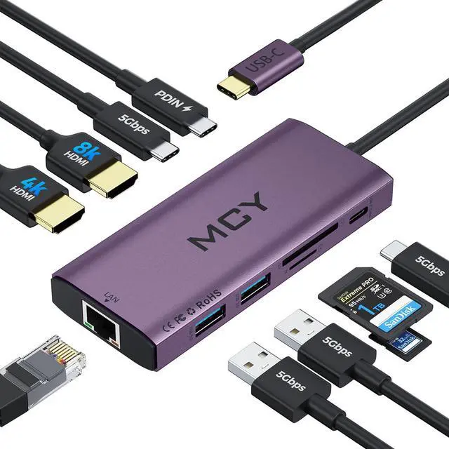 Main image of MCY USB C Hub,Laptop Docking Station Dual Monitor Single 8K,2x4K@60Hz,10 in 1 Type-C Multiport Adapter with 2 HDMI,PD100W,Extender Splitter,Card Reader,Ethernet Dock for Mac/Dell/HP/Surface/Steam Deck