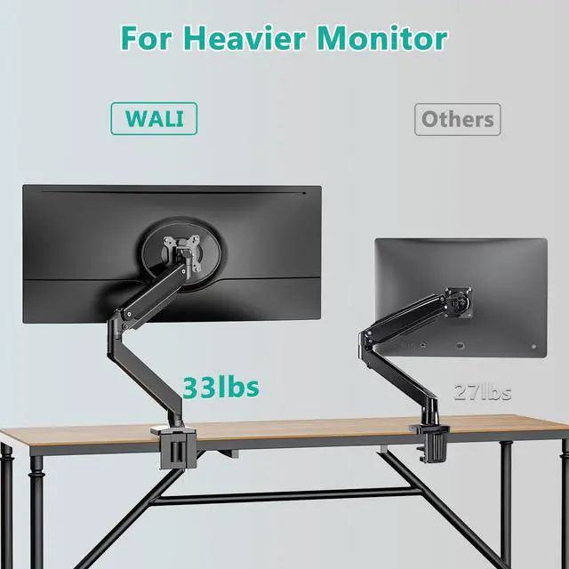 Alt view image 2 of 5 - WALI Single Monitor Gas Spring Desk Mount, Heavy Duty Monitor Arm for Ultrawide Screen up to 35-49 inch, 33-44 lbs. Fully Adjustable, Mounting Holes 75 and 100 (GSM001XL+GAM001XL)