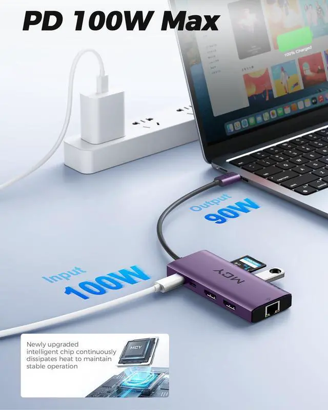 Alt view image 5 of 5 - MCY USB C Hub,Laptop Docking Station Dual Monitor Single 8K,2x4K@60Hz,10 in 1 Type-C Multiport Adapter with 2 HDMI,PD100W,Extender Splitter,Card Reader,Ethernet Dock for Mac/Dell/HP/Surface/Steam Deck