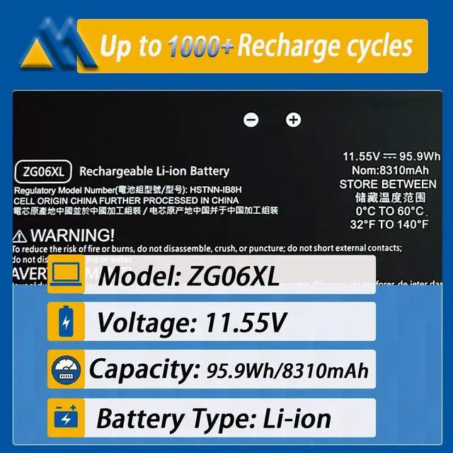 Alt view image 2 of 5 - Mobik ZG06XL 95.9Wh Laptop Battery Compatible for HP EliteBook 1050 G1 ZBook Studio X360 G5 Series Notebook HSTNN-IB8H HSN-Q11C L07351-1C1 L07045-855 L07046-855 ZG06095XL ZGO6XL 6-Cell 11.55V 8310mAh