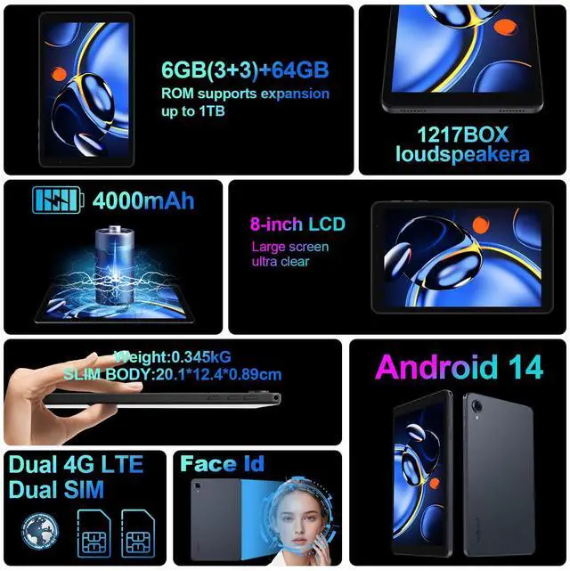 Alt view image 2 of 5 - redbeat Android 14 Tablet 8 inch Gaming Tablets with Black Case, 2025  Tablet 4G LTE Dual SIM, 6GB+64GB Expandable to 1TB, HD Display, 5MP+8MP Dual Cameras, 2.4G/5G WiFi, BT5.0,GPS, Face Unlock