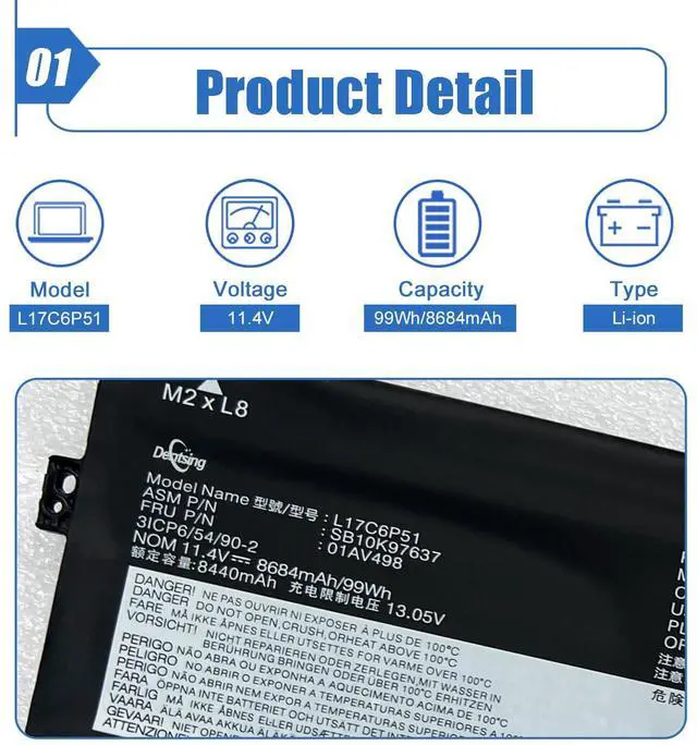 Alt view image 2 of 5 - Dentsing L17C6P51 (11.4V 99Wh/8684mAh) Laptop Battery Compatible with Lenovo Thinkpad P72 P73 Series Notebook 01AV498 SB10K97637 L17M6P52