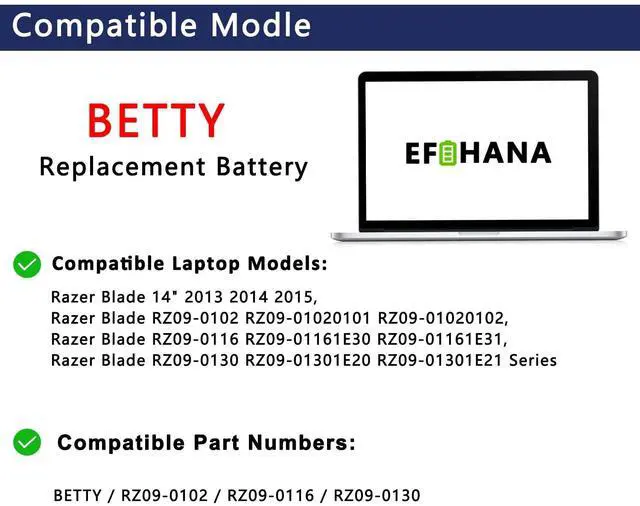 Alt view image 4 of 5 - EFOHANA RZ09-0102 Betty Laptop Battery Compatible with Razer Blade 14" 2013 2014 2015 Pro 2014 RZ09-0116 RZ09-01161E30 RZ09-0130 RZ09-01021101-R3U1 RZ09-01021101/01302E41 RZ09-01161E31 RZ09-01301E20