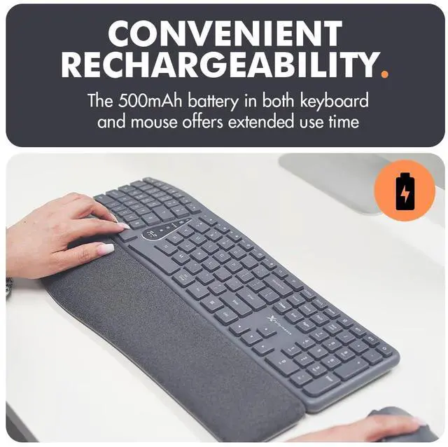 Alt view image 4 of 5 - X9 Wireless Ergonomic Keyboard and Mouse Combo - Type Comfortably Longer - Ergo Split Keyboard with Soft Wrist Rest for PC, Mac, iOS, Android, Bluetooth/2.4G Rechargeable, Multi-Device - Gray