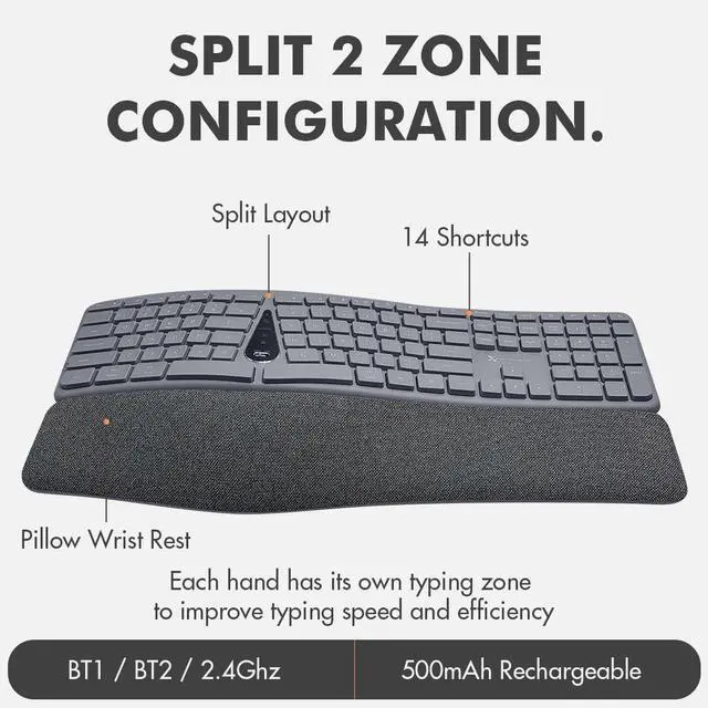 Alt view image 5 of 5 - X9 Wireless Ergonomic Keyboard and Mouse Combo - Type Comfortably Longer - Ergo Split Keyboard with Soft Wrist Rest for PC, Mac, iOS, Android, Bluetooth/2.4G Rechargeable, Multi-Device - Gray