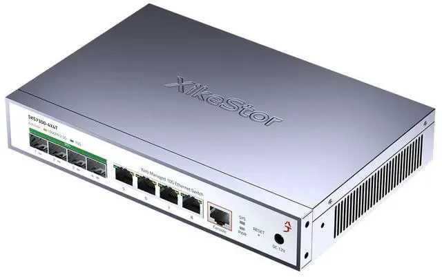 Main image of XikeStor L2 Managed 8 Port 10G Ethernet Switch, 10Gb Network Switch with 4X RJ45 & 4X SFP+ Ports, Support VLAN/LACP/IGMP/QoS/STP, Built-in Smart Fan, Desktop/Wall-Mount