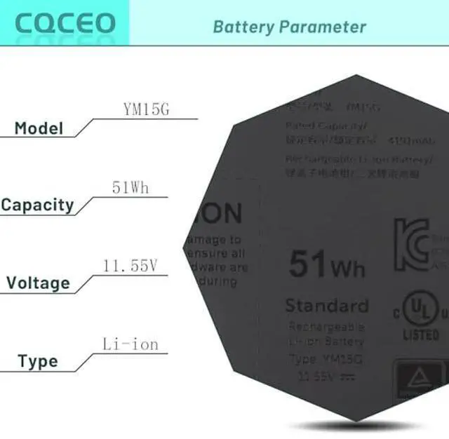 Alt view image 3 of 5 - CQCEO YM15G Laptop Battery for Dell XPS 13 9315 Series [Not for 9315 2-in-1] 0G9FHC G9FHC 0W6D4H W6D4H 31CP4/78/90 11.55V/51Wh/4191mAh/3-Cell