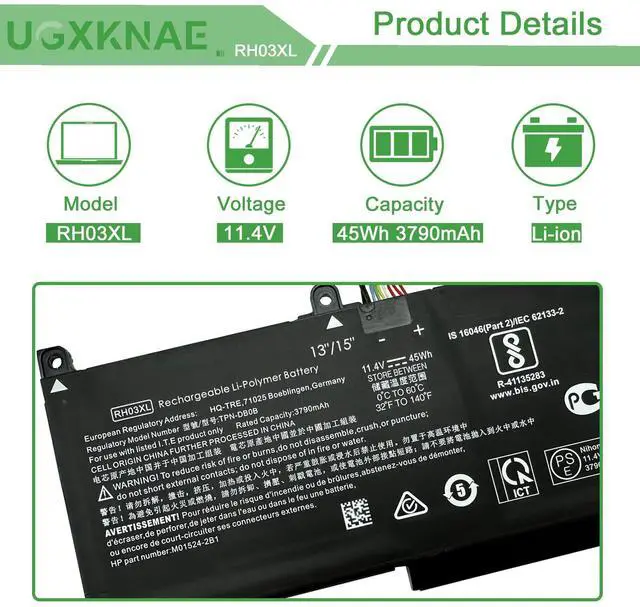 Alt view image 2 of 5 - UGXKNAE RH03XL M01524-1D1 M02027-005 Laptop Battery for HP ProBook 430 440 445 450 630 640 650 G8 ZHAN 66 Pro 14 G4Series HSTNN-IB9Q HSTNN-OB1T HSTNN-DB0B HSTNN-UB7X M01524-2B1 M01524-AC1 RHO3XL 45Wh
