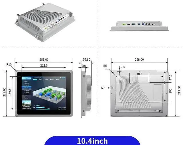 Alt view image 2 of 5 - SunKol 10.4 inch Industrial Embedded Panel PC, 10 Point Capacitive Industrial Touch Screen Panel Computer, 2xUSB3.0,HDMI,2xRS232,2xLAN (I3-7100U, 8GB RAM 128GB SSD)