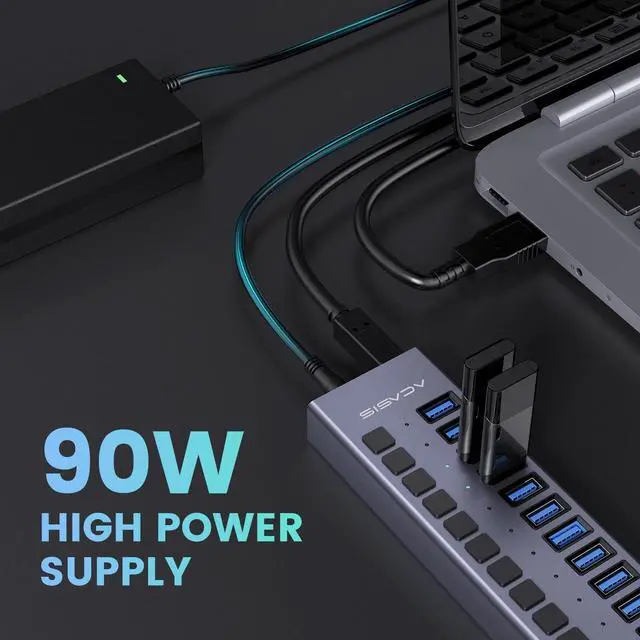 Alt view image 2 of 5 - 90W Powered USB Hub - ACASIS 16 Ports USB 3.0 Data Port, Aluminum Housing, Individual On/Off Switches, 12V/7.5A Power Adapter, USB Splitter for Laptop, PC, Computer, Printer