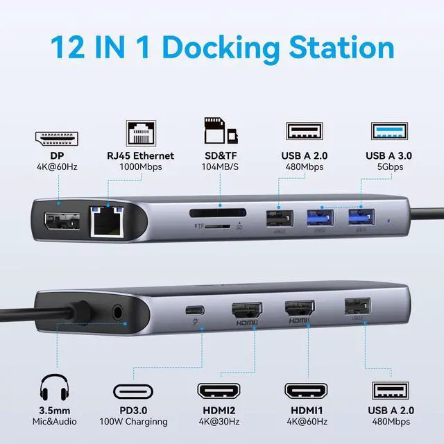 Alt view image 2 of 5 - USB C Docking Station 3 Monitors,USB C Hub with 2 HDMI, DisplayPort, 100W PD, 4 *USB, Gigabit Ethernet, SD/TF Card Reader, Audio Port,Multiport Adapter for Laptops,HP, Dell, Lenovo, Surface