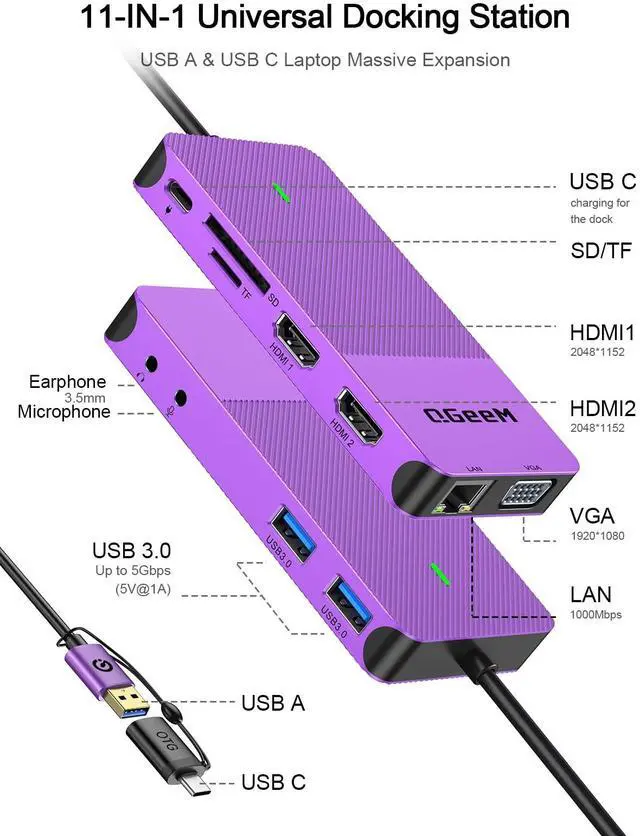Alt view image 2 of 5 - QGeeM USB 3.0 Laptop Docking Station, Triple Display USB Hub Hdmi Dual Monitor,USB Dock with 2 HDMI, VGA, USB 3.0, Card Reder Compatible for MacBook M1 M2 M3 M4 Dell HP Lenovo -Purple