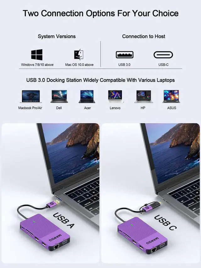 Alt view image 4 of 5 - QGeeM USB 3.0 Laptop Docking Station, Triple Display USB Hub Hdmi Dual Monitor,USB Dock with 2 HDMI, VGA, USB 3.0, Card Reder Compatible for MacBook M1 M2 M3 M4 Dell HP Lenovo -Purple