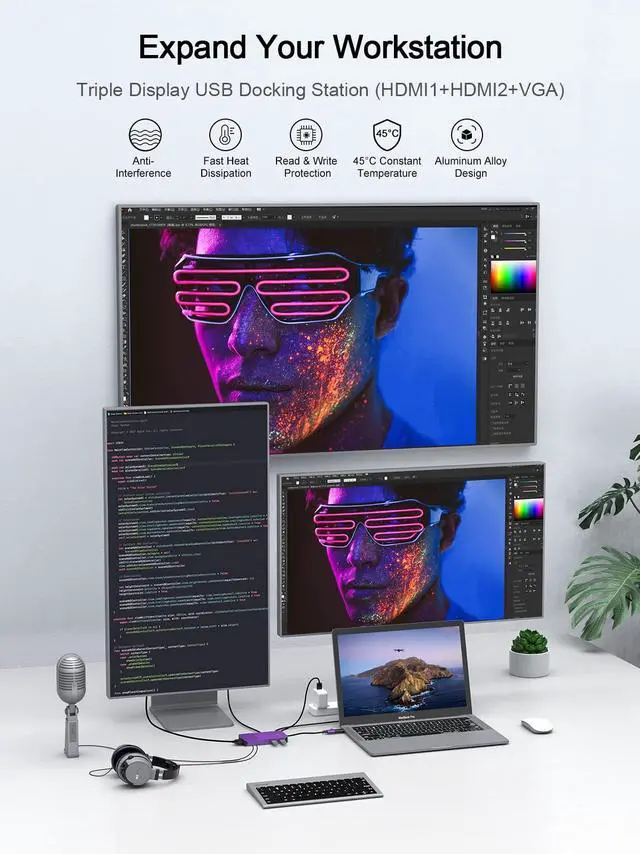 Alt view image 3 of 5 - QGeeM USB 3.0 Laptop Docking Station, Triple Display USB Hub Hdmi Dual Monitor,USB Dock with 2 HDMI, VGA, USB 3.0, Card Reder Compatible for MacBook M1 M2 M3 M4 Dell HP Lenovo -Purple