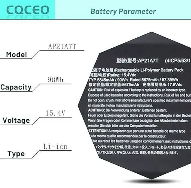 Alt view image 3 of 5 - AP21A7T AP21A8T Laptop Battery for Acer Nitro 5 AN517-55 Helios 300 PH317-56 PH315-55 PH317-56-78LY PH317-56-78SM PH315-55-72EA Nitro 5 AN517-55 Series AP21A5T KT0040G014 15.4V/90Wh/5845mAh/4-cell