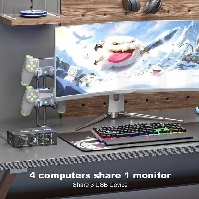 Alt view image 4 of 5 - 4K HDMI KVM Switch 1 Monitor 4 Computers 4K@60Hz, USB KVM Switches for Four Computer Share Monitor 4 USB Ports for Keyboard Mouse, Support Extended/Mirror Mode with Desktop Controller 4 Wires Included