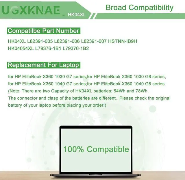 Alt view image 5 of 5 - UGXKNAE HK04XL L82391-005 Laptop Battery Compatible with HP EliteBook x360 1030 G7 G8 EliteBook x360 1040 G7 G8 Series L82391-006 L82391-007 HSTNN-IB9H L79376-1B1 L79376-1B2 HK04054XL 6669mAh 7.7V