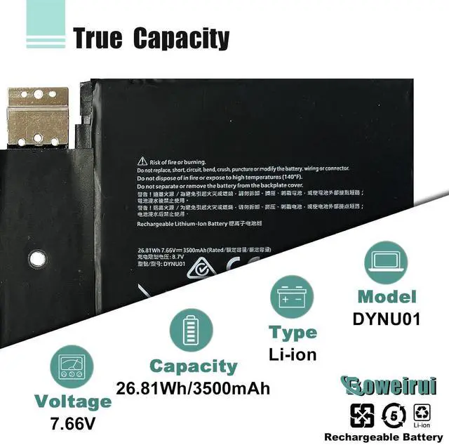 Alt view image 3 of 5 - BOWEIRUI DYNU01 G16TA047H Battery Replacement for Microsoft Surface Go 2 1901 1926 Tablet Series DYNU01 G16TA047H Battery 7.66V 26.81Wh