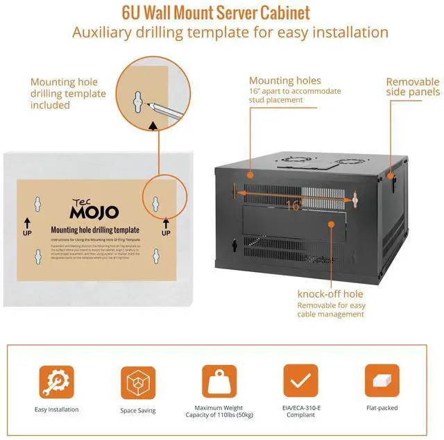 Alt view image 5 of 5 - Tecmojo 6U Wall Mount Server Cabinet & 8 Outlet Rack Mount Power Strips