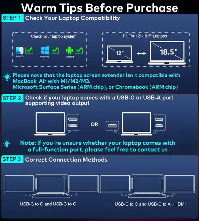 Alt view image 2 of 5 - Laptop Screen Extender, 16" FHD 1200P IPS Triple Portable Screen Extender Monitor for 12"-18.5" Laptop, Plug & Play Laptop Monitor Extender, Fit for MacOS, Wins, Dex, Chrome, Surface, Switch