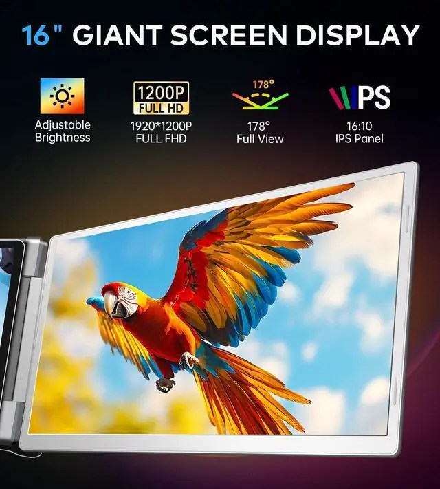 Alt view image 3 of 5 - Laptop Screen Extender, 16" FHD 1200P IPS Triple Portable Screen Extender Monitor for 12"-18.5" Laptop, Plug & Play Laptop Monitor Extender, Fit for MacOS, Wins, Dex, Chrome, Surface, Switch