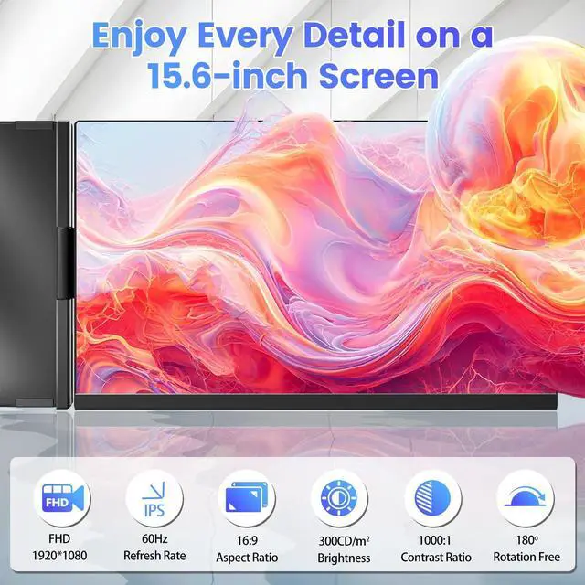 Alt view image 2 of 5 - Teamgee 15.6" Laptop Screen Extender, Slim & Lightweight Portable Monitor for Laptop, Full HD IPS, 360deg Rotating Stand, Detachable, USB-C Plug & Play, RGB Lighting, Thin Bezels