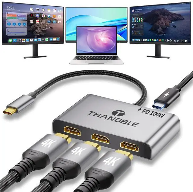Main image of THANDBLE USB C to 3 HDMI Adapter with 100W PD Charging, Triple 4K60Hz Monitor Extender for Dell/Surface Pro/HP, HDMI Splitter Extended Display Hub, Plug & Play Laptop Multi-Screen Adapter