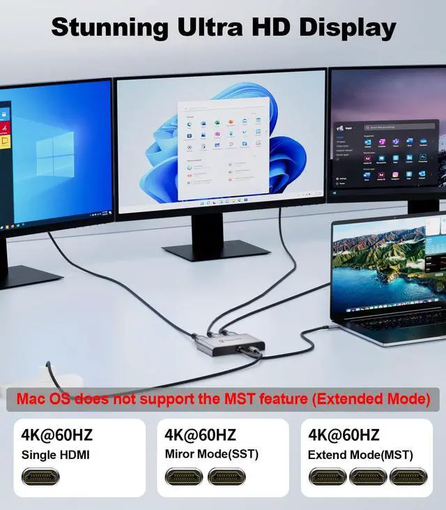 Alt view image 4 of 5 - THANDBLE USB C to 3 HDMI Adapter with 100W PD Charging, Triple 4K60Hz Monitor Extender for Dell/Surface Pro/HP, HDMI Splitter Extended Display Hub, Plug & Play Laptop Multi-Screen Adapter