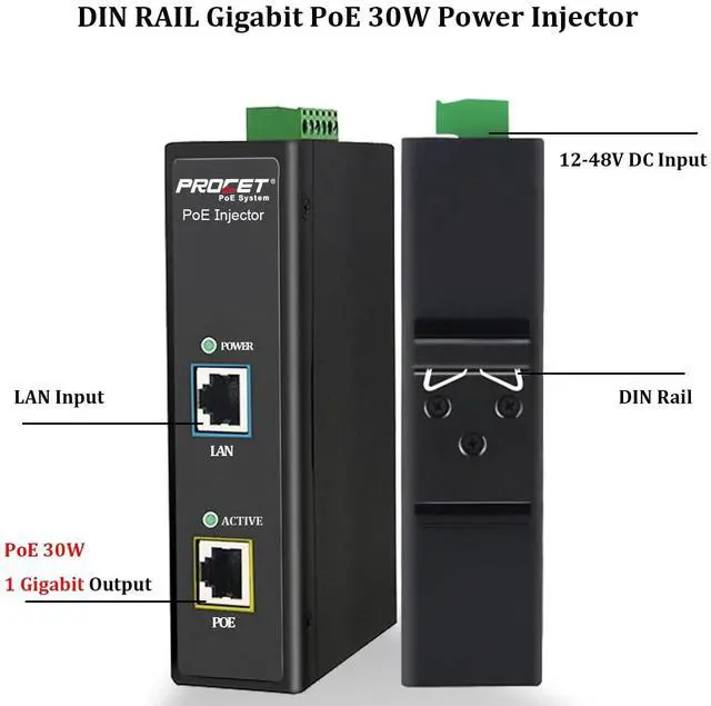 Alt view image 2 of 5 - PROCET DIN Rail PoE Injector 30W Industrial IEEE802.3at/ PoE+ Power Injector, 6KV Surge Protection, Wide Working Temperature -40 to 149, PT-PSE105G-E