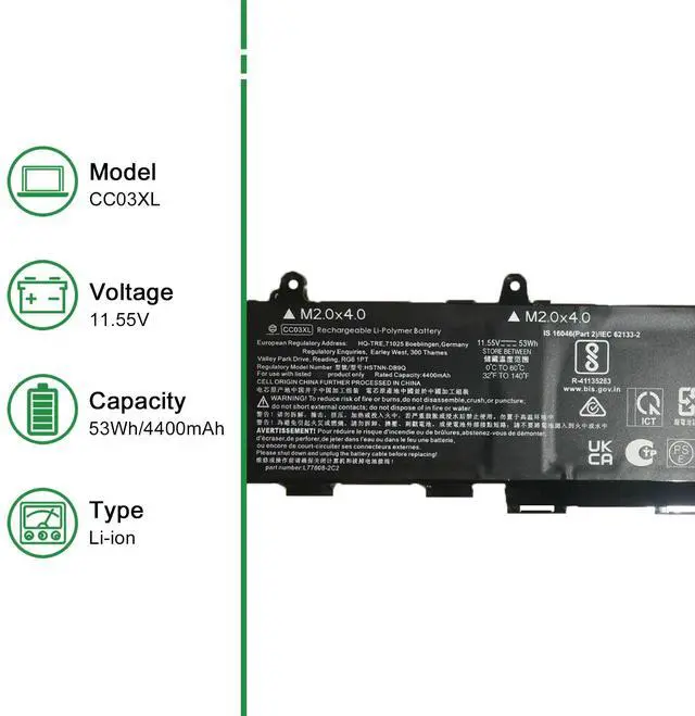 Alt view image 2 of 5 - JIAZIJIA CC03XL L78555-005 Laptop Battery Replacement for Hp EliteBook 830 835 G7 G8 Series HSTNN-DB9Q L77608-2C2 11.55V 53Wh