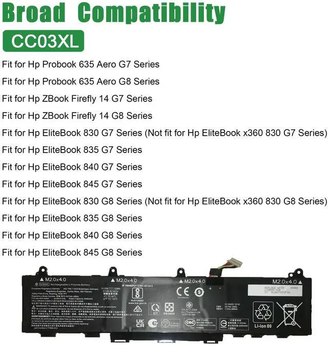Alt view image 4 of 5 - JIAZIJIA CC03XL L78555-005 Laptop Battery Replacement for Hp EliteBook 830 835 G7 G8 Series HSTNN-DB9Q L77608-2C2 11.55V 53Wh