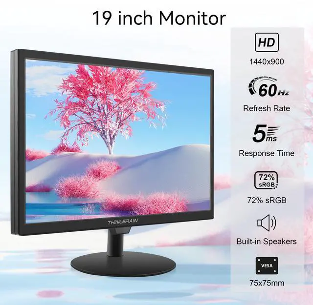 Alt view image 2 of 5 - Thinlerain 19 inch Computer Monitor 1440x900 PC Monitor with HDMI VGA AV BNC USB Ports, 60Hz, 5Ms, VESA, Display Build-in Speakers for Office Home
