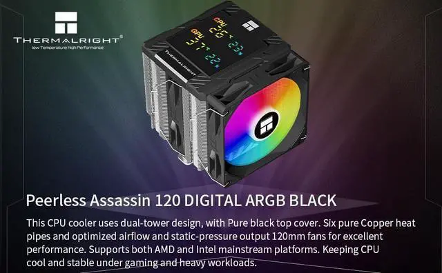 Alt view image 2 of 5 - Thermalrlght Peerless Assassin 120 Digital ARGB Black CPU Cooler, Double 120mm PWM Fans with 1850RPM Speed, Support Intel lga1700/1851/115X,AMD:AM4/AM5,Computer CPU Cooling,Digital Screen Top Cover