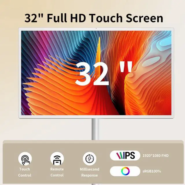 Alt view image 2 of 5 - QGKPL 32-Inch Portable Touch-Screen-Monitor | 6G RAM+128G | 1080p Portable TV on Wheels | Android OS | 360deg Swivel Rotation | Voice Remote Control | 60Hz Refresh Rate
