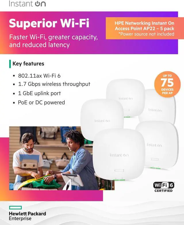 Alt view image 3 of 5 - HPE Networking Instant On Access Point AP22 2x2 WiFi 6 Indoor Wireless Access Point (5 Pack) | Long Range, Secure, Smart Mesh Support | Power Source Not Included | US Model (R4W01A-5PACK)