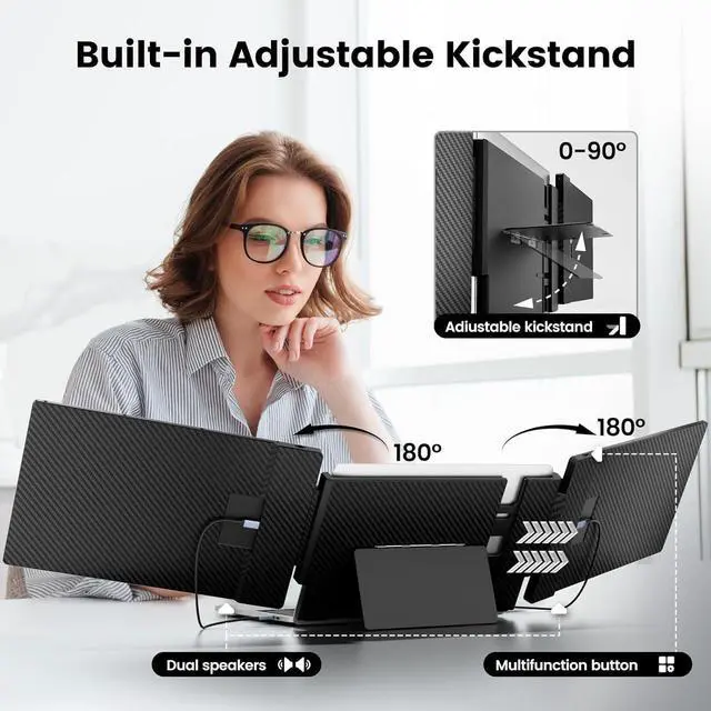 Alt view image 4 of 5 - KEFEYA Laptop Screen Extender - 14.1" Triple Portable Monitor with Sturdy Metal Kickstand for 13-17 Inch Laptops, 1080P HD IPS Laptop Monitor Extender Plug and Play for Windows/Chrome/Mac/Switch/PS5