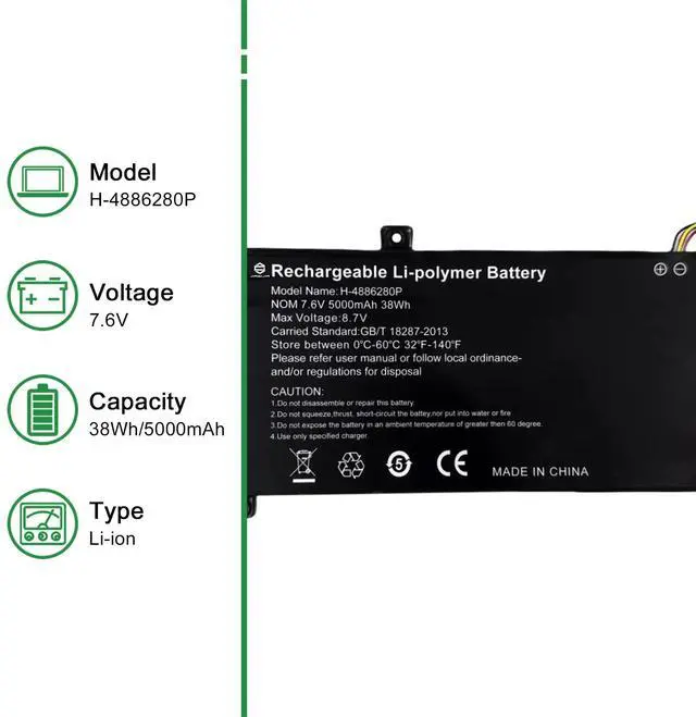 Alt view image 2 of 5 - JIAZIJIA H-4886280P Laptop Battery Replacement for Gateway GWTN156 GWTN156-11BK Series Notebook U3576127PV-2S1P Black 7.6V 38Wh 5000mAh