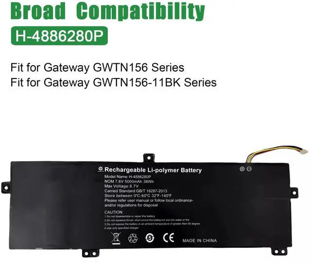 Alt view image 5 of 5 - JIAZIJIA H-4886280P Laptop Battery Replacement for Gateway GWTN156 GWTN156-11BK Series Notebook U3576127PV-2S1P Black 7.6V 38Wh 5000mAh