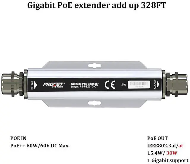 Alt view image 2 of 5 - PROCET Gigabit PoE Extender Outdoor PoE+ Pass Through with 6KV Surge Protection, Extra 328FT Repeat, Wide Temp -40 to 149, Aluminum Alloy IP67 for Wireless AP, PTZ Camera, Weather Sensor, IP Camera