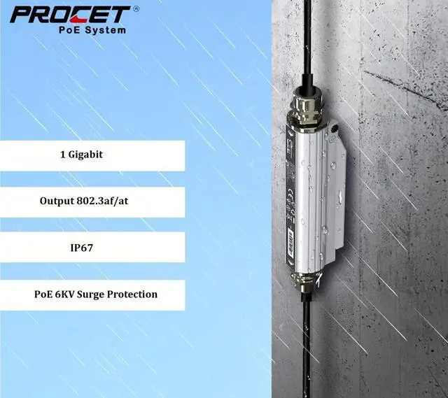 Alt view image 4 of 5 - PROCET Gigabit PoE Extender Outdoor PoE+ Pass Through with 6KV Surge Protection, Extra 328FT Repeat, Wide Temp -40 to 149, Aluminum Alloy IP67 for Wireless AP, PTZ Camera, Weather Sensor, IP Camera