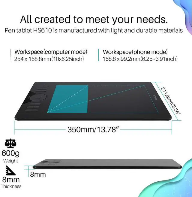 Alt view image 5 of 5 - HUION Drawing Tablet HS610 Graphic Tablet with Battery-Free Stylus 8192 Pen Pressure Tilt Function, 10x6.25 Inches Digital Art for Animation & Design, Compatible with Windows/Mac/Android