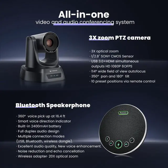 Alt view image 3 of 5 - TONGVEO Conference Room HDMI 60fps USB3.0 Camera System with Bluetooth Microphone and Speaker,3X Optical Zoom 1080P PTZ Video Camera Kit |with Speakerphone,for Church Home Office(UVC1.1)