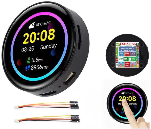 Main image of ESP32-S3 1.43inch AMOLED Touch Display Development Board, 466x466 QSPI Interface AMOLED Round LCD, Onboard Accelerometer and Gyroscope Sensor RTC Chip, ESP32 with Display, with CNC Metal Case