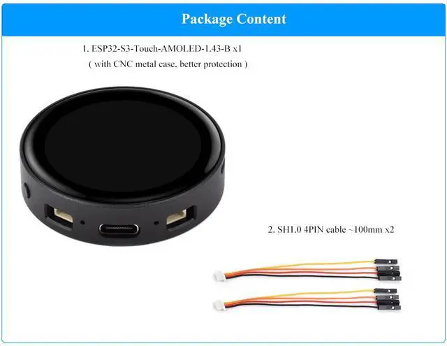 Alt view image 2 of 5 - ESP32-S3 1.43inch AMOLED Touch Display Development Board, 466x466 QSPI Interface AMOLED Round LCD, Onboard Accelerometer and Gyroscope Sensor RTC Chip, ESP32 with Display, with CNC Metal Case