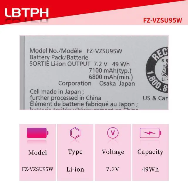 Alt view image 3 of 5 - FZ-VZSU95W 49Wh Tablet Replacement Battery For Panasonic Toughpad FZ-B1 FZ-B2 FZ-M1 FZ-M1C Series FZ-VZSU0JW FZ-VZSU0HW FZ-VZSU94 FZ-VZSU94W FZ-VZSU94JS FZ-VZSU94R FZ-VZSU94K FZ-VZSU95 FZ-VZSU95JS