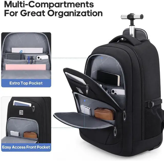 Alt view image 3 of 5 - UKEIN Rolling Backpack, Travel Backpack with Wheels for Men Women, 20inch Wheeled Underseat Bag Carry on Luggage Trolley Suitcase for Business College