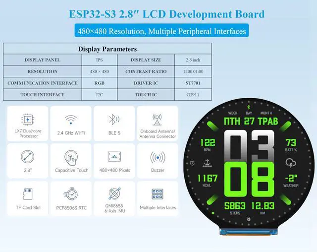 Alt view image 3 of 5 - ESP32-S3 2.8inch Round Display Development Board Development Board, 480x480 Resolution IPS Display, 32-bit LX7 Dual-Core Processor, ESP32 with Display, Supports WFi & BLE